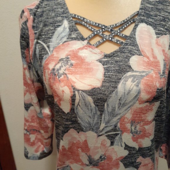 Allison Daley Floral Blue Coral Lightweight Sweater Shirt - Size Petite Medium - Picture 2 of 7